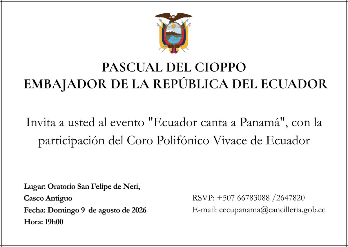 EmbajadaEcuPan's tweet photo. La Embajada del Ecuador invita a la comunidad ecuatoriana al evento "Ecuador Canta a Panamá" que contará con la participación del Coro Polifónico Vivace del Ecuador. https://t.co/IoZau8evcx