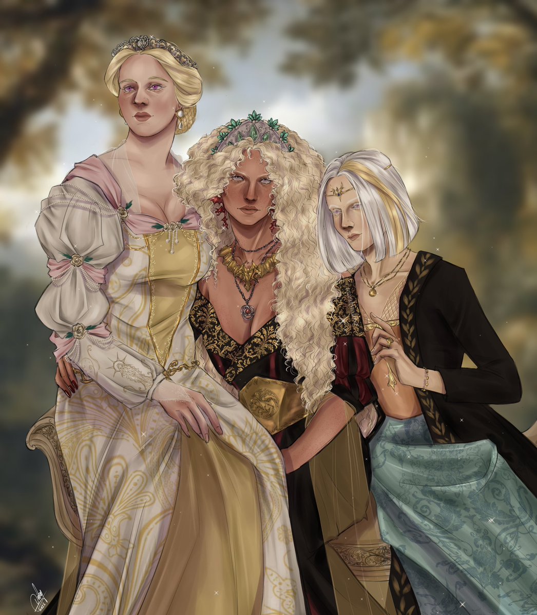 thewweskywalker's tweet photo. daughters of aegon iii targaryen, the dragonbane ⚜️ #asoiaf 

left - right: rhaena, daena “the defiant”, elaena https://t.co/cgcAbCB6bs