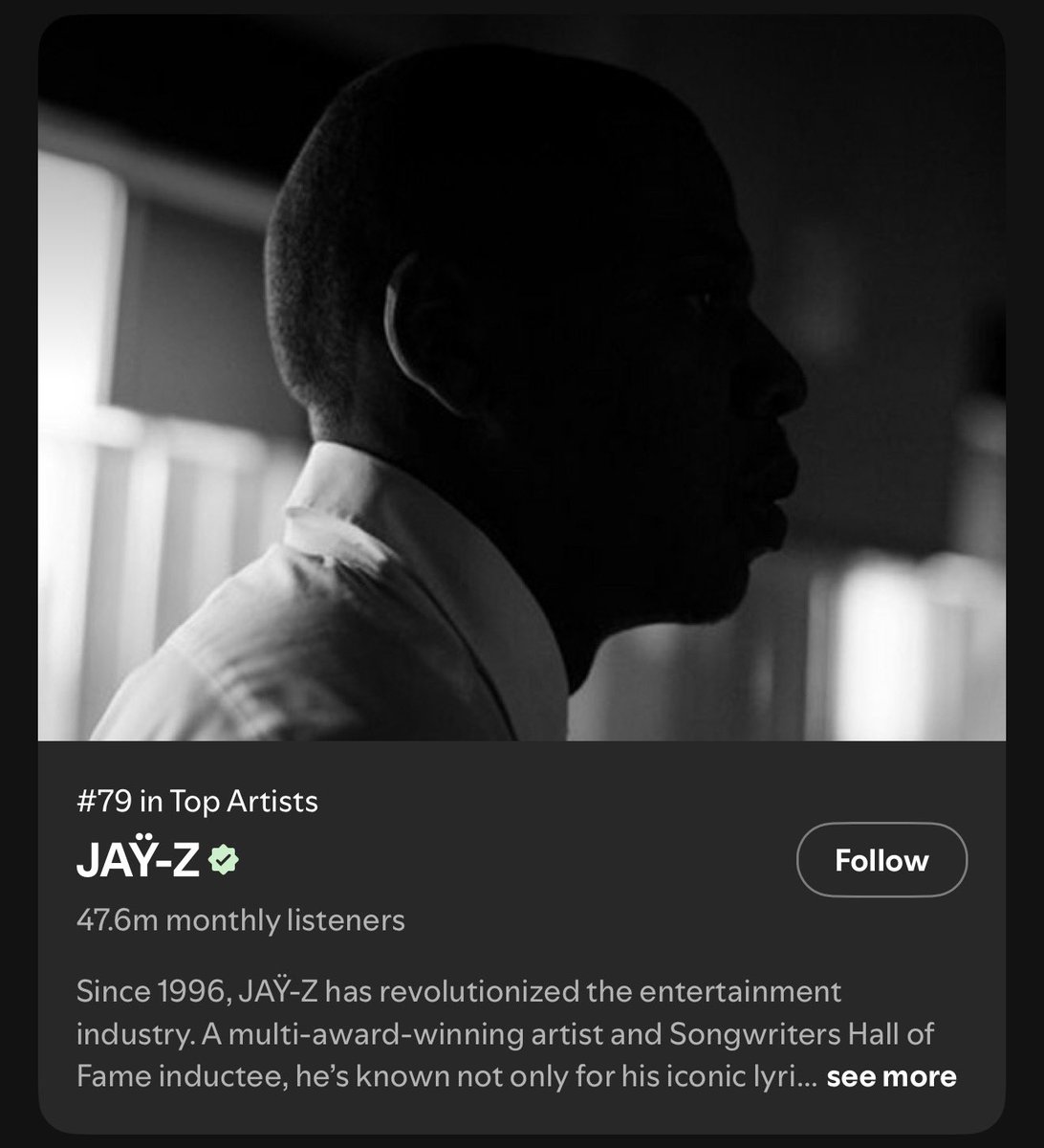 ByDobson's tweet photo. JAY-Z is now the 79th most streamed artist in the world on Spotify, despite not releasing an album in 9 years… 🐐 https://t.co/rbi9Ky2H4J