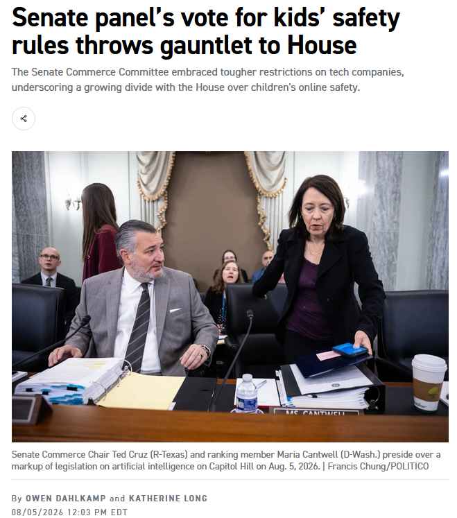 PKOproject's tweet photo. 🚨 UPDATE: Senate Commerce markup on the Surveillance Slate:

✅ S. 1748 (KOSA) — PASSED (unanimous)
The harder version with the full “duty of care” standard. This is not a watered-down compromise. Blackburn said the House version is a "nonstarter".

✅ S. 4199 (Youth AI Privacy Act) — PASSED

✅ S. 4407 (CHATBOT Act) — PASSED
Uses existing COPPA consent rules, but still creates strong incentives to age-sort users at scale.

✅ S. 5171 (Children’s AI Toy Safety Act) — PASSED

❌ S. 737 (SCREEN Act) — Did not advance
Got a majority (15-13) but failed on quorum. Not dead, just delayed.

Four of five bills now head toward the Senate floor. This is no longer a committee fight. It’s a floor fight and a House-Senate conflict.

⚠️Sen Cruz said September markup for the "AI Package" which could potentially include Meta's App Store Accountability Act. 

Children deserve to be safe online.
Parents deserve to remain the ones in charge.

Parents are the firewall.
Not the state.
Not Big Tech.