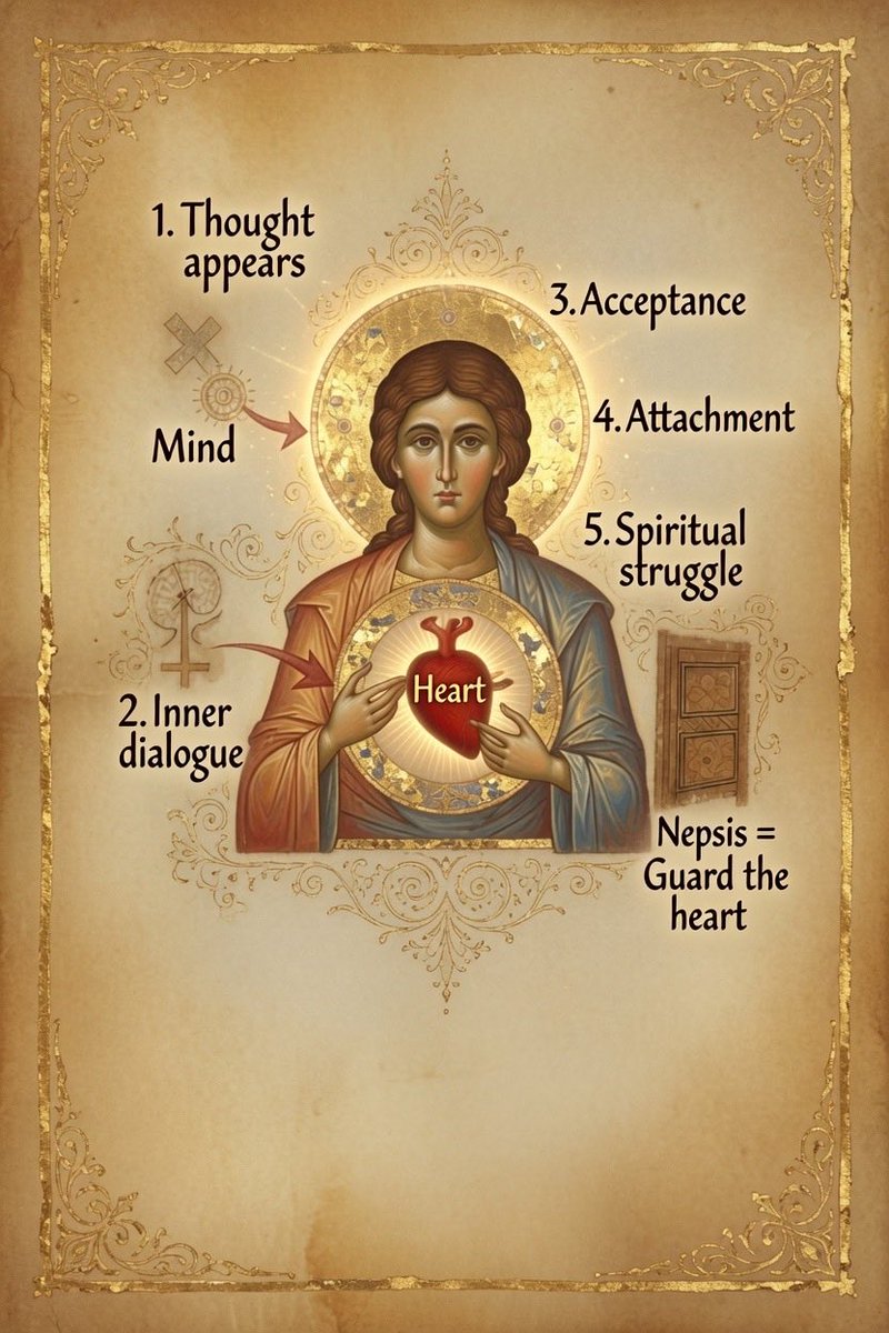 AtlasOfWisdom's tweet photo. What if every thought entering your mind is not automatically yours? The Philokalia is a collection of Christian writings about prayer, the heart and the inner struggle of the person. It describes how thoughts appear, gain attention, become attached to us and shape our life.
🧵👇 https://t.co/Zh3jmO5ctW