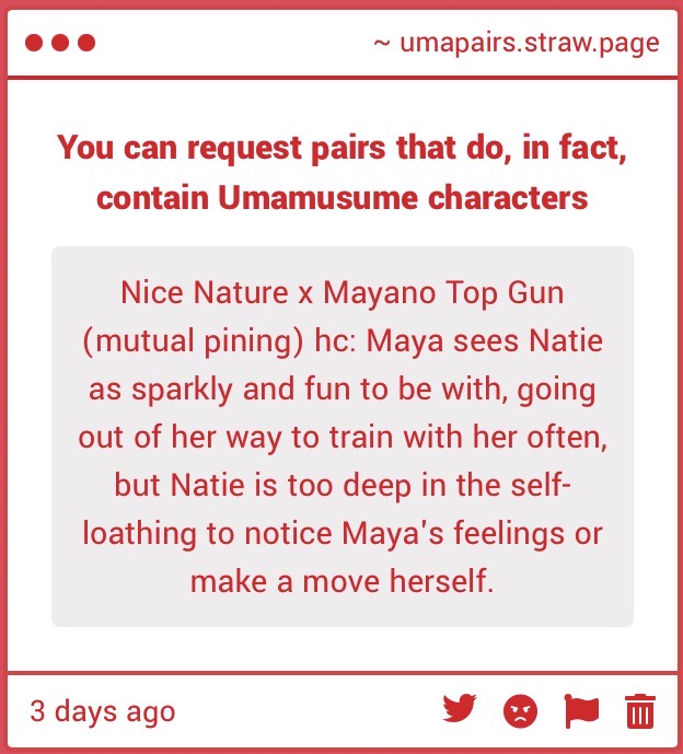 umapairs's tweet photo. Today’s ninth ship is Nice Nature x Mayano Top Gun! (Mutual Pining)

Headcanon in images.

#NiceNature #MayanoTopGun https://t.co/6qrtC2ZxE9