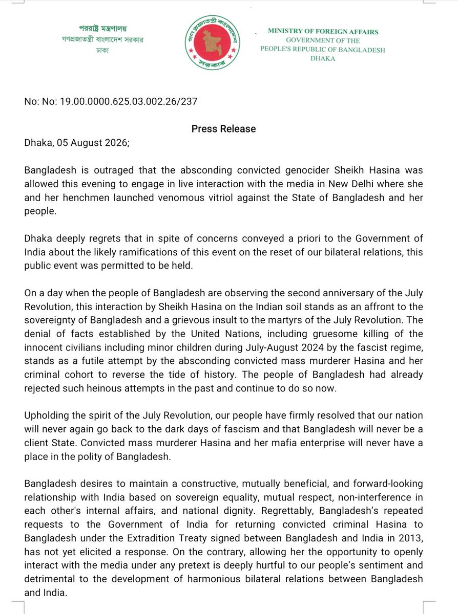Moshedhassib's tweet photo. #NoRegret
#NoApology
‘Dhaka deeply #regrets that in spite of concerns #conveyed a #priori to the Government of India about the likely ramifications of this event on the reset of our bilateral relations, this public event was permitted to be held.’ https://t.co/9qFzgxFPSA