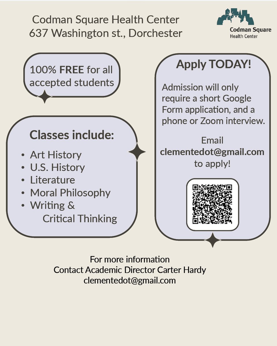 CodmanHealth's tweet photo. Step into higher ed with #Clemente Course in the Humanities. Classes start on Sept. 23. Students receive a full scholarship for tuition &amp; books. Upon completion, students receive 6 college credits. Apply: scan the QR, visit https://t.co/xwlPqUBRmb or email clementedot@gmail.com. https://t.co/meEQYa1AMJ