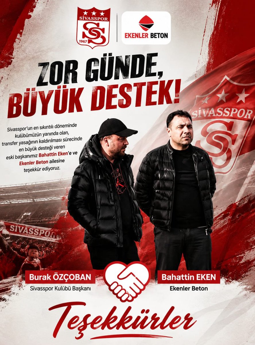 mustafaates58's tweet photo. Sivasspor'a Zor Günde Büyük Destek! ❤️🤍
Sivasspor'un en zorlu dönemlerinde kulübün yanında olan isimlerden biri olan eski Kulüp Başkanı Bahattin Eken, transfer yasağının kaldırılması sürecinde de önemli destek sağladı.
Kulüp Başkanı Burak Özçoban ve yönetim kuruluyla sürekli istişare halinde olan Eken, yeni sezonda isim sponsorluğu desteğiyle de Sivasspor'un yanında yer aldı.
Kırmızı-beyazlı camiaya verdiği katkılar nedeniyle Bahattin Eken'e ve Ekenler Beton ailesine teşekkür ediyor, Sivasspor'a verdikleri desteğin camiaya güç katmasını diliyoruz.
#Sivasspor #BurakÖzçoban #BahattinEken #EkenlerBeton #Sporaktif #Sivas