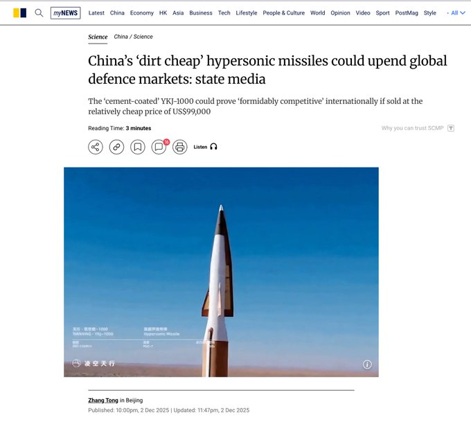 ekwufinance's tweet photo. China is changing the game... it can produce hypersonic missiles for ~$100K each.

For context:

- The US has no large fully operational equivalent
-  Has no effective defense system against them
- A single US air-defense missile costs $4-40 million

Now imagine China selling these systems to allies, like the Houthis...

Cheap missiles and drones are reshuffling the global military balance, and it is becoming increasingly obvious that the US can no longer control key chokepoints as it once did.

This has major implications for the petrodollar and the dollar's role as the global reserve currency.

And history is clear: when empires lose their economic edge, they often resort to war in an attempt to preserve their position.