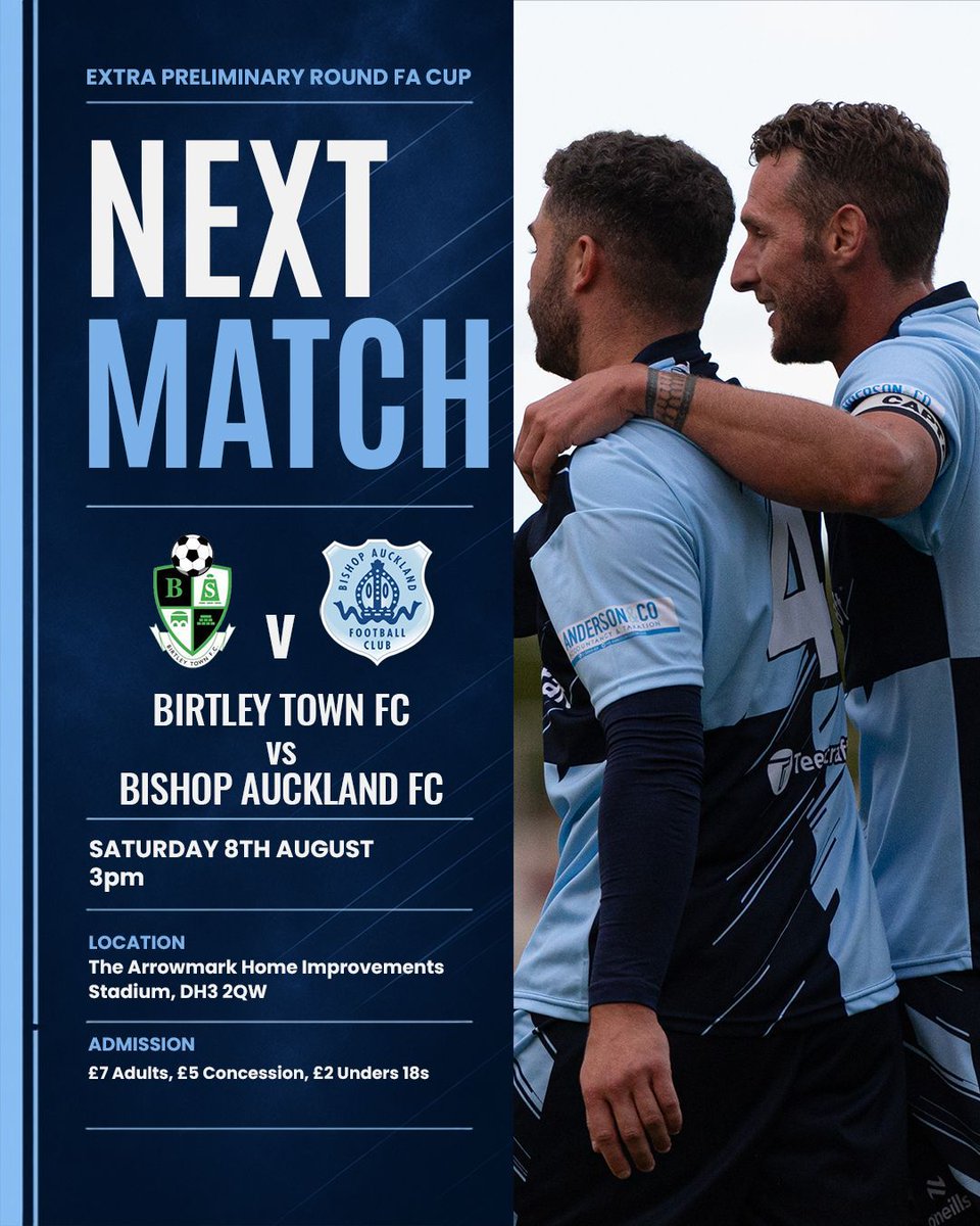bishopafc's tweet photo. 🏆 NEXT UP | FA CUP

It’s FA Cup weekend as we make the trip to Birtley Town in the Extra Preliminary Round.

🆚 Birtley Town FC
📍 Arrowmark Home Improvements Stadium
📅 Saturday 8th August
⏰ 3:00pm
🎟️ £7 Adults | £5 Concessions | £2 Under-18s

#TheBishops | #TwoBlues https://t.co/woKYSaCbSg