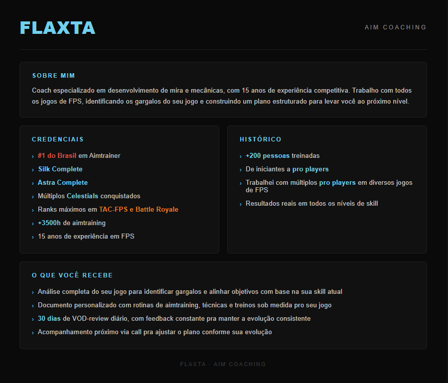 FIaxta's tweet photo. Novo mês, nova chance de subir de nível. Agosto chegando e as vagas do coaching estão abertas, se você quer desenvolvimento de mira e mecânicas de verdade, com método personalizado e VOD-review diário, esse é o momento.

New month, new shot at levelling up. August's coming and coaching spots are open, if you want real aim and mechanics development, with a personalised method and daily VOD review, this is the moment.