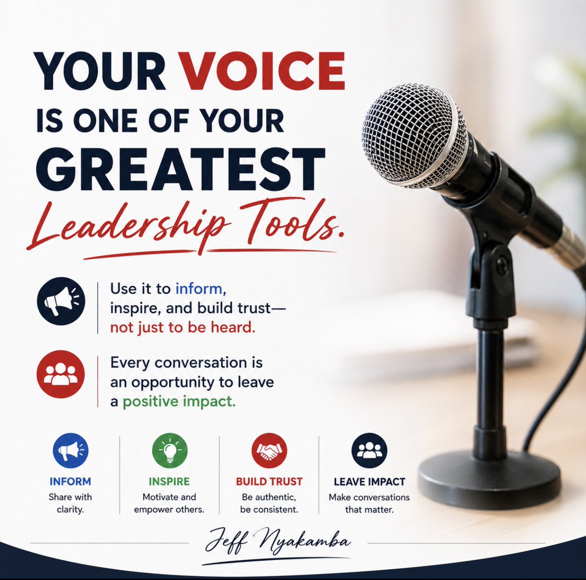 jeff_nyakamba's tweet photo. Your voice is one of your greatest leadership tools. Use it to inform, inspire and build trust; not just to be heard. Every conversation is an opportunity to leave a positive impact.

#Leadership #Communication #Branding #PublicRelations #PublicService #PersonalGrowth https://t.co/b2FEblhfsH