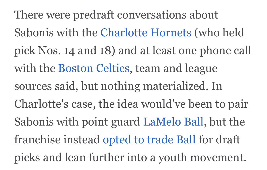 SleeperHornets's tweet photo. REPORT: The Charlotte Hornets had pre-draft conversations surrounding Sacramento’s Domantas Sabonis with hopes to pair him with LaMelo Ball before he was traded to Minnesota, per @anthonyVslater

H/T @esidery https://t.co/F4Y8utTnp8