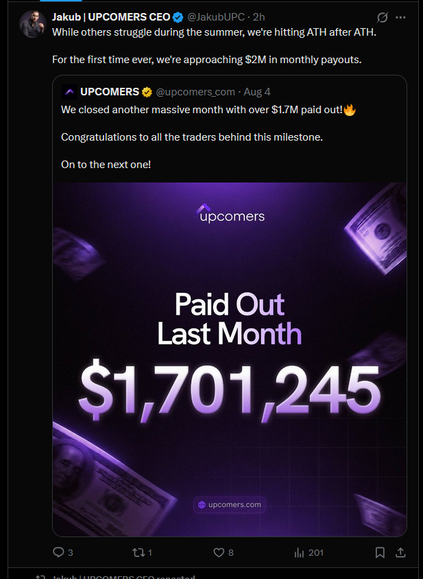 FxTheSaviour's tweet photo. Appreciate @PropFirmsGuru calling this out.

Just a reminder: @upcomers_com blocked me immediately after exposing this, all while their CEO boasts about paying out $1.7M last month.

They can find $1.7M for promotional graphics, but refuse to pay a signed $5,735.97 contract. Incredible.

I'm speechless