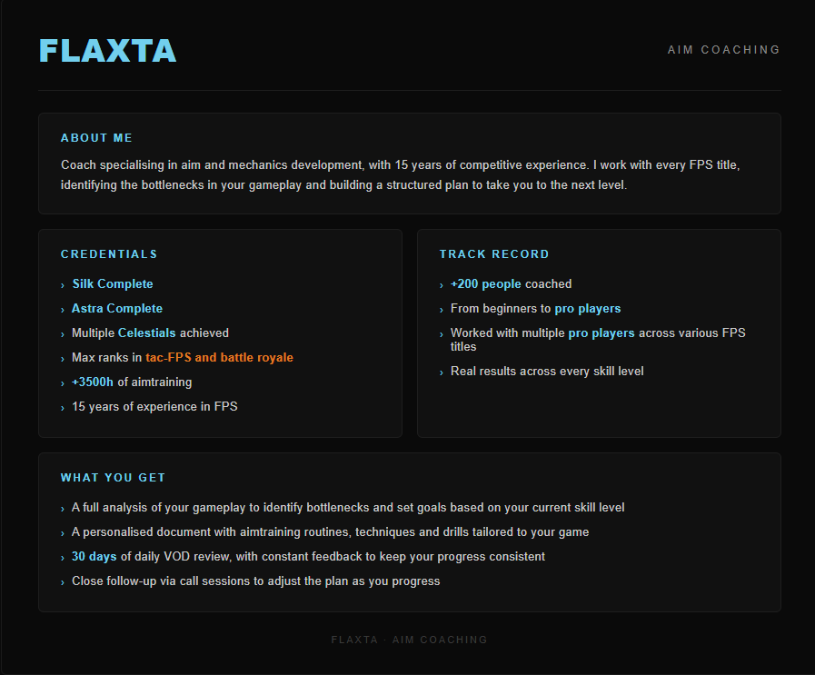 FIaxta's tweet photo. Novo mês, nova chance de subir de nível. Agosto chegando e as vagas do coaching estão abertas, se você quer desenvolvimento de mira e mecânicas de verdade, com método personalizado e VOD-review diário, esse é o momento.

New month, new shot at levelling up. August's coming and coaching spots are open, if you want real aim and mechanics development, with a personalised method and daily VOD review, this is the moment.