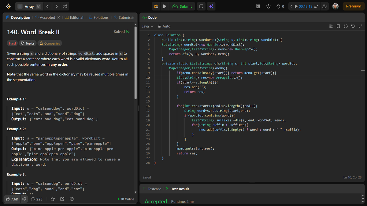 Ankitdotdev's tweet photo. Day 196/365 of the DSA grind! 
Sorting, Memoization, & OOD Patterns:
• Wiggle Sort II: Sorted the array, then cleverly distributed the largest elements to odd indices and smaller elements to even indices.
• Word Break II (Hard): Used DFS with Memoization to cache valid sentence combinations and completely avoid TLE!
• Peeking Iterator: Wrapped a standard Iterator and used a pre-fetch `cache` variable to safely allow peeking at the next element without consuming it!

#DSA #Java #100DaysOfCode #LeetCode #SoftwareEngineering #Algorithms