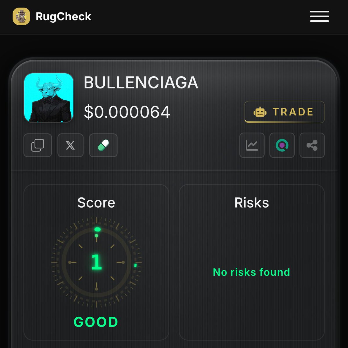 bullenciagax's tweet photo. independent risk score: 1/100. good.

didn't submit anything for that.
@Rugcheckxyz evaluates on-chain
and publishes whatever it finds.

mint authority: revoked.
freeze authority: revoked.
250,000,000 locked.
LP burned.

https://t.co/izr4ronpLK

solana:BULLENxRbvuwjo4DLBKBbh23cNQ4ZbpDeQKuoVXL7exN