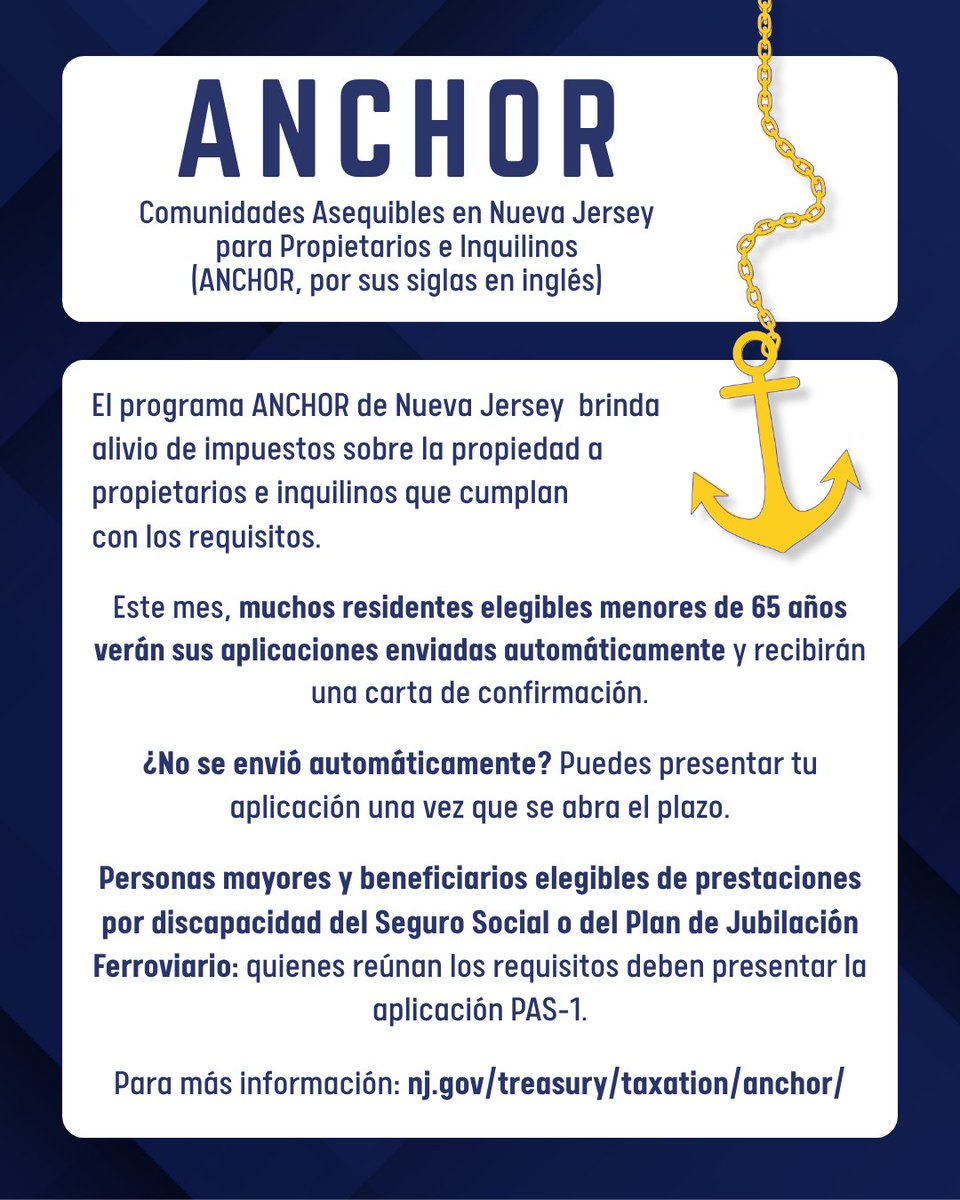 NJAsambleaDem's tweet photo. El programa ANCHOR ofrece un alivio del impuesto a la propiedad para propietarios e inquilinos de Nueva Jersey que cumplan con los requisitos.
Para obtener más información, visita https://t.co/6By5jzPWCN. https://t.co/c9Z2yJyBoh