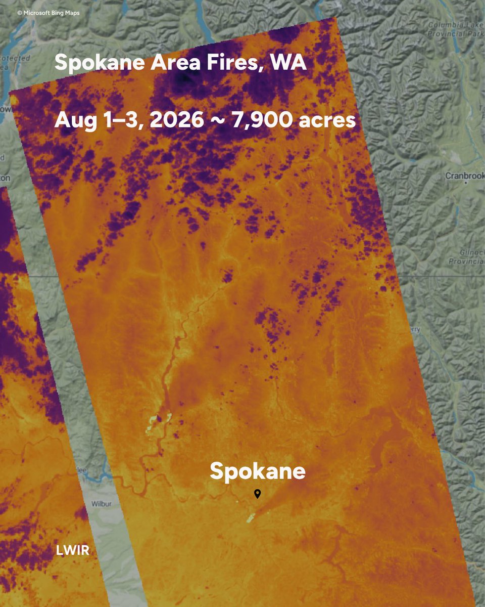 OroraTech's tweet photo. Spokane fires, Washington. 

🚨Our team is opening free access to our Wildfire Solution to any fire departments, emergency management or local government supporting the response.

👉 Reach out and our local team will set you up and guide you for the duration of the emergency. https://t.co/aY40lcO7AM