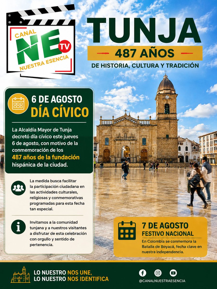 HeRodSu's tweet photo. 🚨 Tunja tendrá día cívico este 6 de agosto por sus 487 años de fundación
La Alcaldía Mayor de Tunja expidió el Decreto 207 del 3 de agosto de 2026, mediante el cual declaró día cívico este jueves 6 de agosto, con motivo de la conmemoración de los 487 años de su fundación
#Tunja https://t.co/M7RjnGZHhS