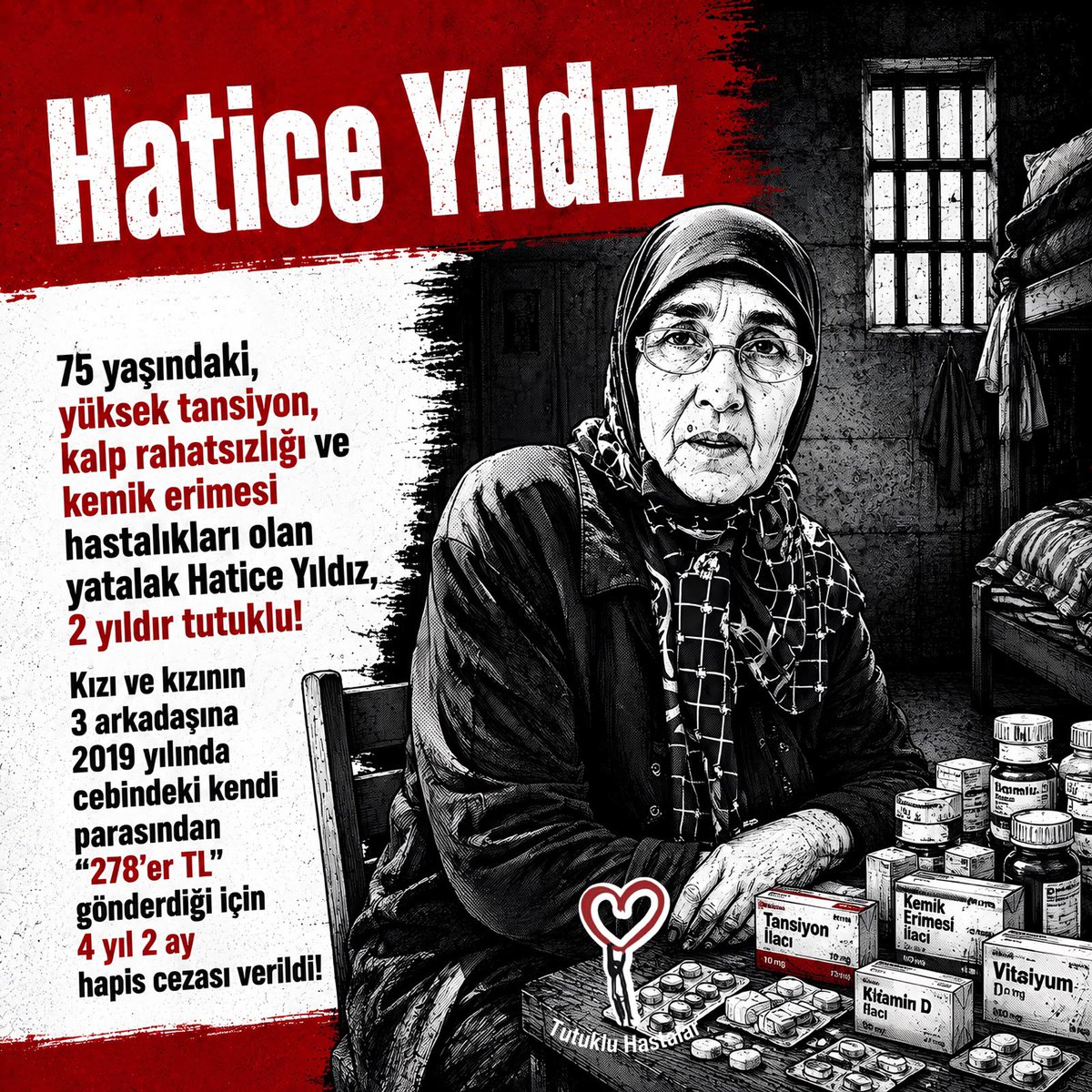 Hasta_Yakinlari's tweet photo. 75 yaşındaki, yüksek tansiyon, kalp rahatsızlığı ve kemik erimesi hastalıkları olan yatalak Hatice Yıldız, 2 yıldır tutuklu! Kızı ve kızının 3 arkadaşına 2019 yılında cebindeki kendi parasından "278'er TL" gönderdiği için 4 yıl 2 ay hapis cezası verildi!
@gergerliogluof

EminHasta AnnesiHapiste
#GenelAfGelsin #BPlaniDebut #MebAGS50Bin