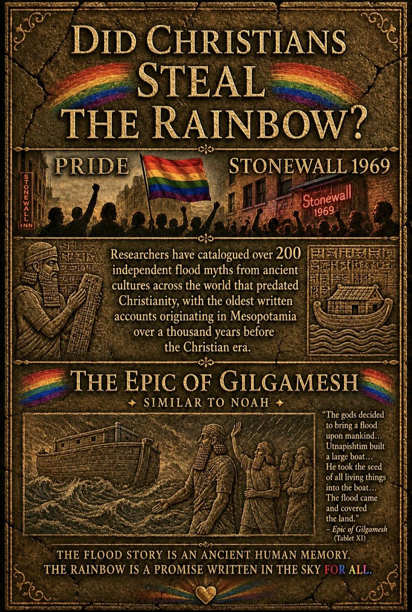 Eddieconoclast's tweet photo. #TheEpicofGilgamesh is just one.. 

Over 200 to 270 ancient, distinct flood legends have been documented worldwide that predate Christianity and often the biblical account, with the earliest written accounts originating in Mesopotamia. 

These stories, found in cultures across every inhabited continent, frequently feature a favored family, a built vessel, the saving of animals, and a devastating flood.