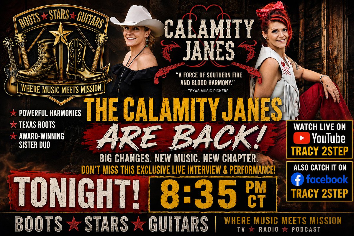 PatriotOnAir's tweet photo. 🚨 THE CALAMITY JANES ARE BACK! 🚨

BIG changes. LIVE performances. Exclusive interview.

Join Tracy 2Step & Neil Sparkman as The Calamity Janes reveal what’s next on Boots ★ Stars ★ Guitars!

🕣 LIVE TONIGHT RIGHT HERE ON X   8:35 PM CT LIVE PERFORMANCE BEST VOCAL INDIE DUO SHARE FOR THE MUSIC LOVERS @JoeHill_Music @Music 
@BIGHIT_MUSIC @youtubemusic 
▶️ Watch on YouTube: Tracy 2Step
📘 Also on Facebook: Tracy 2Step

#CalamityJanes #BootsStarsGuitars #TexasMusic #TexasCountry #LiveMusic #Tracy2Step #YouTubeLive #IndependentMusic #BloodHarmony #CountryMusic