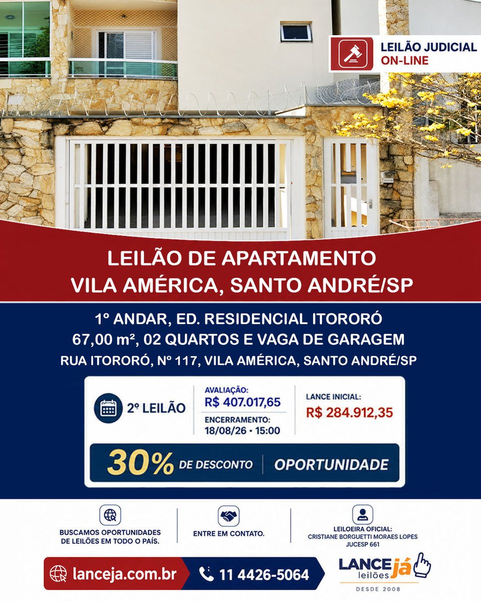 lanceja_leiloes's tweet photo. Leilão de Apto na Vila América, 67 m², 2 quartos e 1 vaga.

Avaliação: R$ 407.017,65
Lance inicial: R$ 284.912,35
30% de desconto, aceita parcelamento.

2º Leilão: 18/08/26 às 15h

Endereço: Resid. Itororó, Rua Itororó, 117, Vila América – Santo André/SP

https://t.co/Cya9uY5d67 https://t.co/WRNBqvwvfE