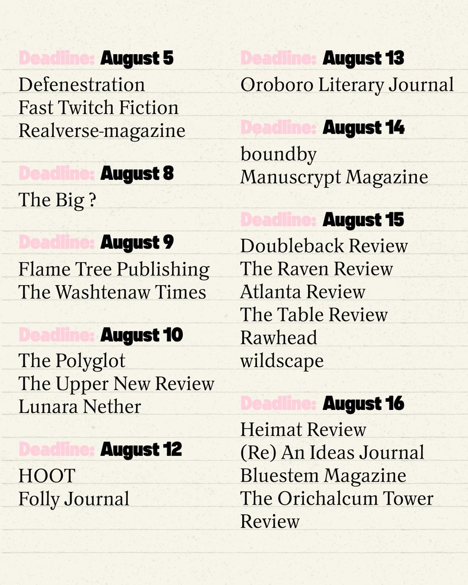 chillsubs's tweet photo. in a writer-pleasing mood today. so here’s a part TWO of our big list of lit mags to submit to in august: https://t.co/AGVawxFH1q