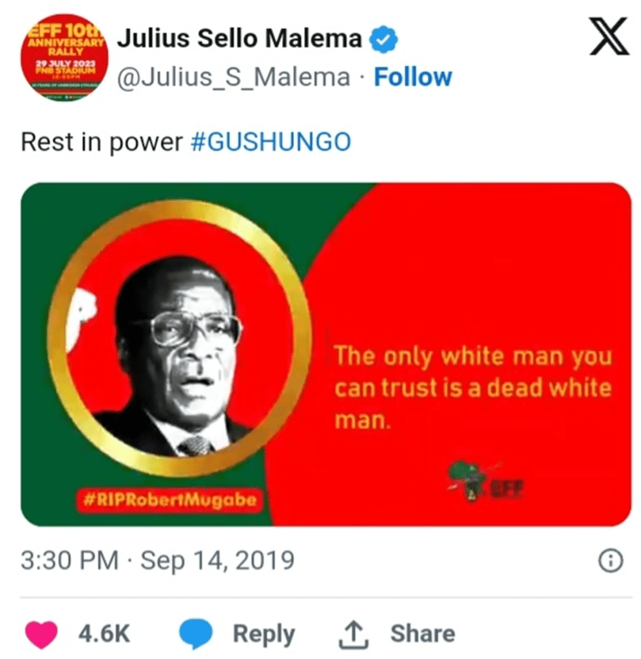 kevinderoer's tweet photo. EFF have explicitly looked to the Zimbabwean model as a blueprint for South Africa. Following Robert Mugabe's death in September 2019, EFF leader Julius Malema openly lauded him on social media with tributes declaring "The only white man you can trust is a dead white man". https://t.co/ZXQkgQpSb1