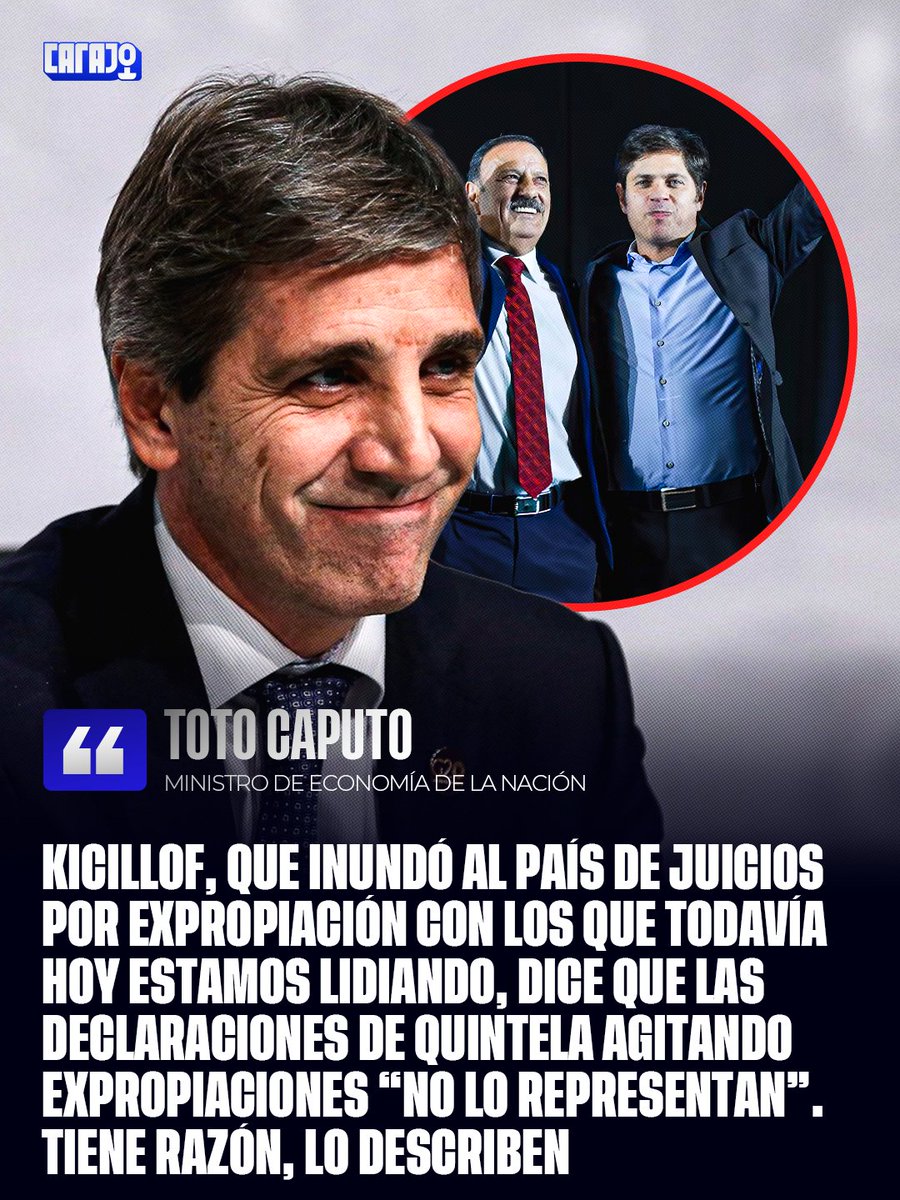 CarajoStream's tweet photo. TOTO CAPUTO LO DOMÓ A KICILLOF 😎

El Gobernador de PBA quiso desmarcarse de los dichos de Ricardo Quintela sobre que el Peronismo va a expropiar todo si llega a volver, y Toto le recordó a Axel que dejó un tendal de deudas a los argentinos gracias a sus expropiaciones https://t.co/94eZD4ovPv