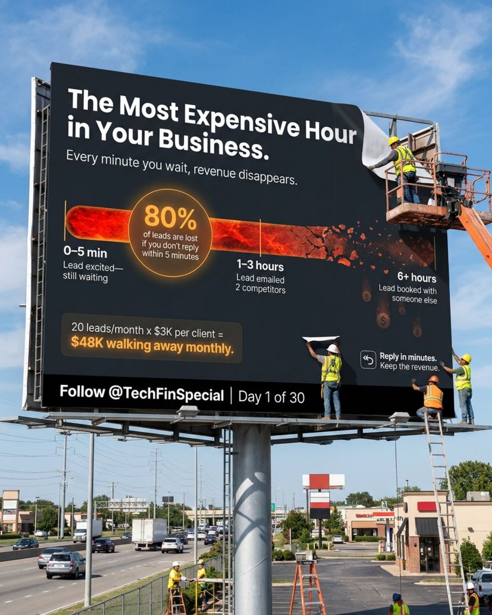 TechFinSpecial's tweet photo. The most expensive hour isn't the one you're working.

It's the hour a lead emailed you — and you didn't reply.

80% of leads gone if you don't reply in 5 minutes.

Most owners respond in hours. That's revenue walking away.

30 AI fixes this month → follow @TechFinSpecial https://t.co/a4Wo0aFvbb