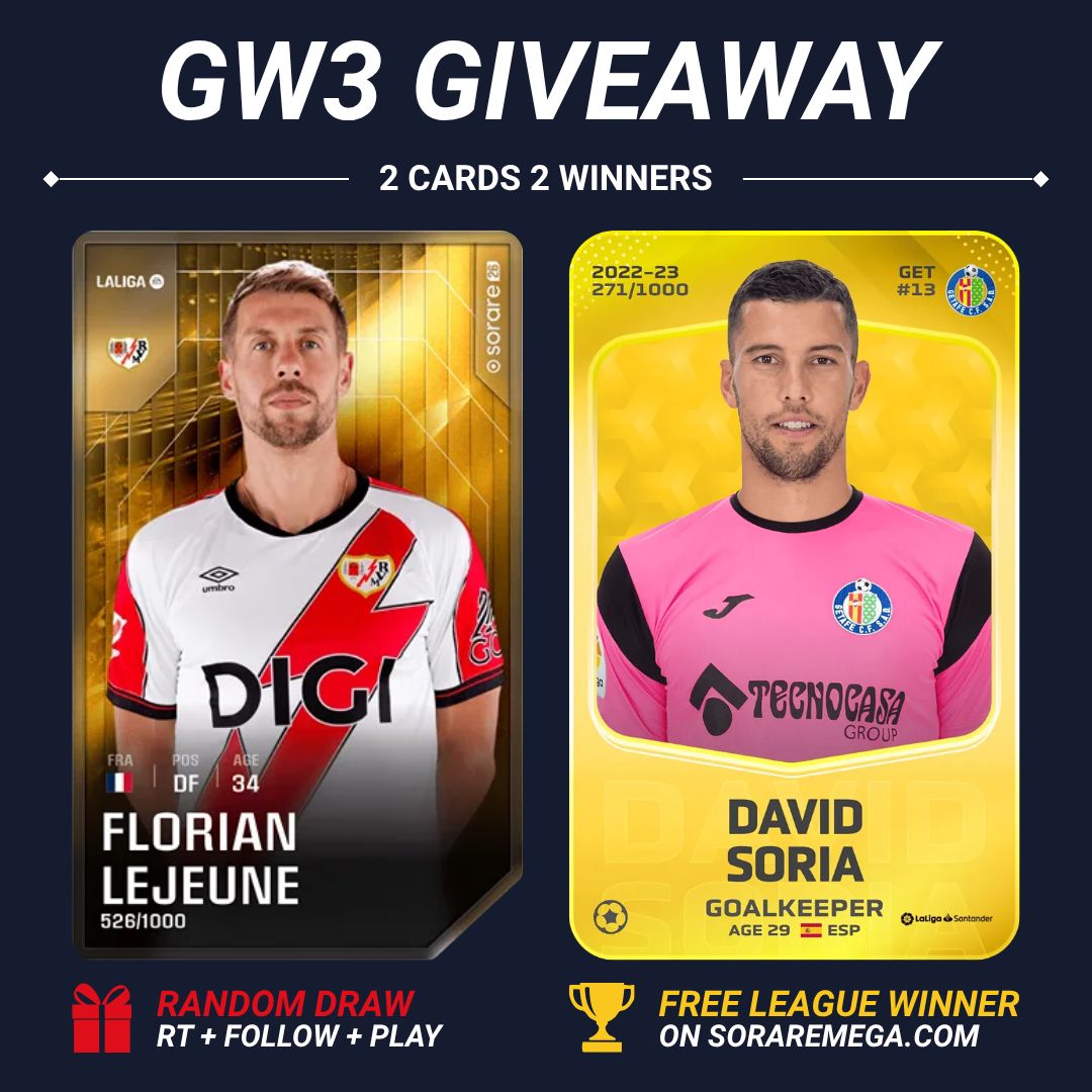 SorareMega's tweet photo. 🇪🇸 LALIGA SPECIAL GIVEAWAY 🇪🇸

2 cards. 2 winners!

👕 David Soria → Free League winner

🟨 Florian Lejeune → Random draw

🔁 RT
✅ Follow
💬 Reply with your Sorare username
⚽ Submit a team on https://t.co/gzASKtiH97

🎲 Draw: Saturday

#Sorare #LaLiga #FantasyFootball https://t.co/1ehRaYGvqV