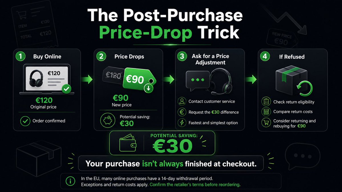 ReferTree's tweet photo. Bought something online in the EU and the price dropped days later?

Ask for a price adjustment first.

If refused, many purchases can still be returned within 14 days—so compare return costs with rebuying cheaper.

The checkout price isn’t always final.

EU distance purchases generally have a 14-day withdrawal period, although exceptions and return costs apply. Reddit shoppers also frequently report requesting price adjustments after subsequent discounts. 
#money #savingtips #moneytips #MoneyManagement #MoneyMindset