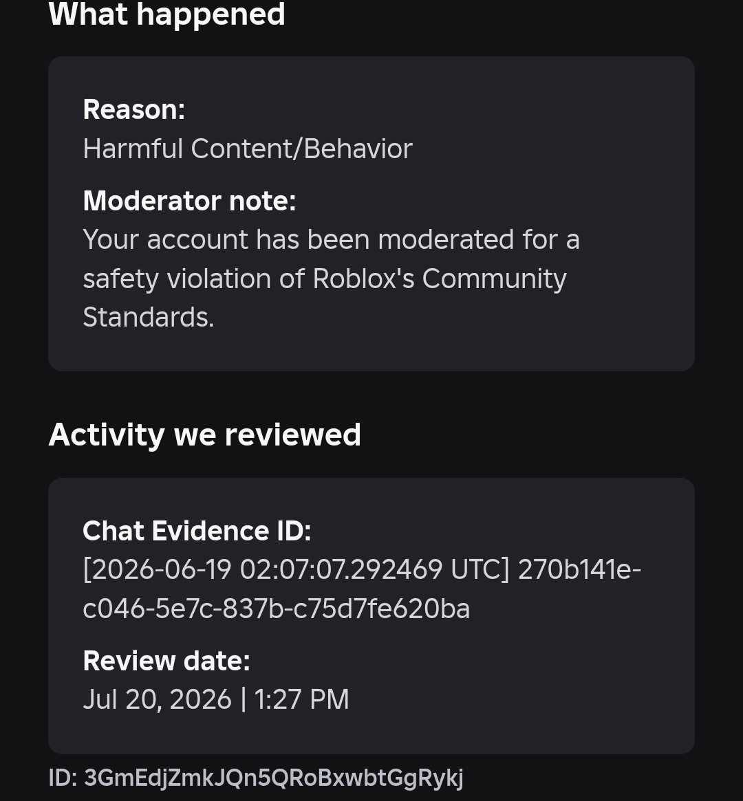 byebyemoon_ash's tweet photo. Today is a sad day for my friends and sister and cousins got banned because my account was falsely banned by ai for vc and I don't even use vc I appealed 2 weeks ago rejected by ai and I sent an midr 7 days ago I'll wait roblox unbans Us hopefully  @Roblox @Roblox_RTC https://t.co/1z3GaDBjyM