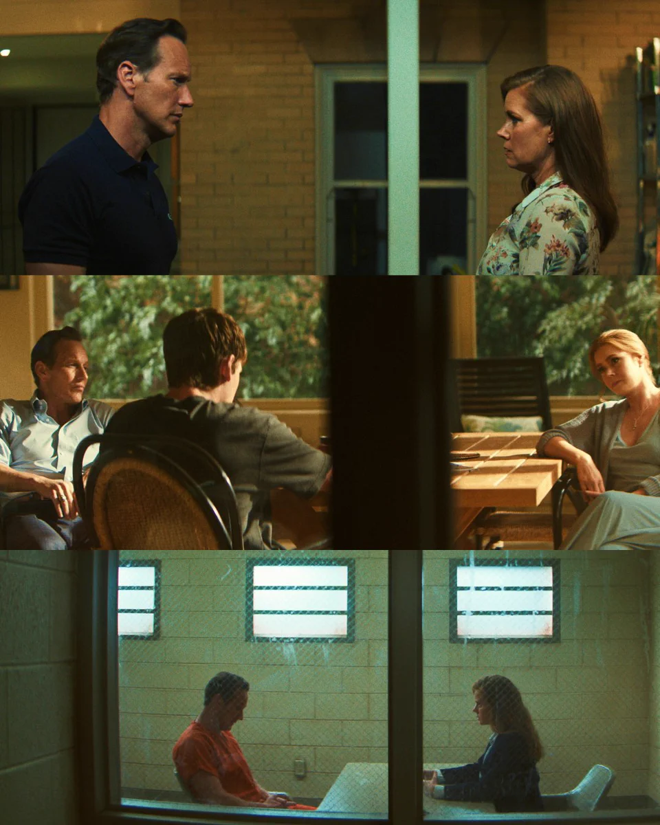 From Cape Fear. Three images stacked. The top: Patrick Wilson and Amy Adams as Tom and Anna Bowden share an intense moment while gazing at one another. The middle: Patrick Wilson, Amy Adams, and Joe Anders as Tom, Anna, and Zack Bowden have a conversation while sitting around a table. The bottom: Patrick Wilson and Amy Adams as Tom and Anna Bowden share another intense moment as she visits him in jail. He wears an orange jumpsuit.