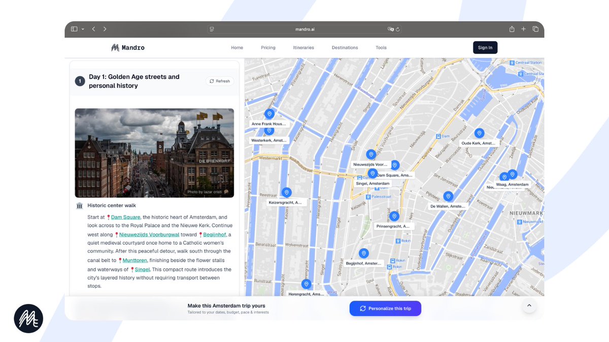 mandro_ai's tweet photo. Our AI Travel Agent just got a major upgrade ✨

Mandro now creates more thoughtful, personalized, and practical travel itineraries, with better daily plans, recommendations and trip flow.

Tell us your destination, dates, interests and budget, and get an itinerary with an interactive map, local tips, transport guidance and more.

Try the improved Mandro 👇
https://t.co/0wqueLpxyU
