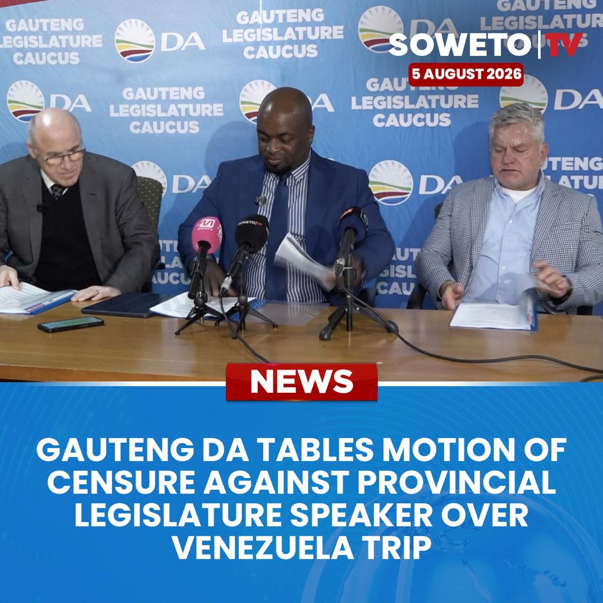 SowetoTVchannel's tweet photo. The DA in Gauteng has tabled a motion of censure against Legislature Speaker Morakane Mosupyoe over her Venezuela trip.

Published: 05 August 2026

#SowetoTVNews #DemocraticAlliance #GautengLegislature #SollyMsimanga #MorakaneMosupyoe #Politics #PublicFunds #Gauteng https://t.co/HDxlumElBe