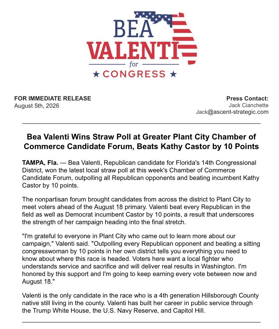 Bea__Valenti's tweet photo. Bea Valenti Wins Straw Poll at Greater Plant City Chamber of Commerce Candidate Forum, Beats Kathy Castor by 10 Points
Plant City is making it known who the best candidate to beat Kathy Castor in November is. Thank you to everyone who participated in the latest Chamber of Commerce Straw Poll at the candidate forum last night.
We’re grateful for your support and ready to keep fighting all the way to August 18. 🇺🇸
