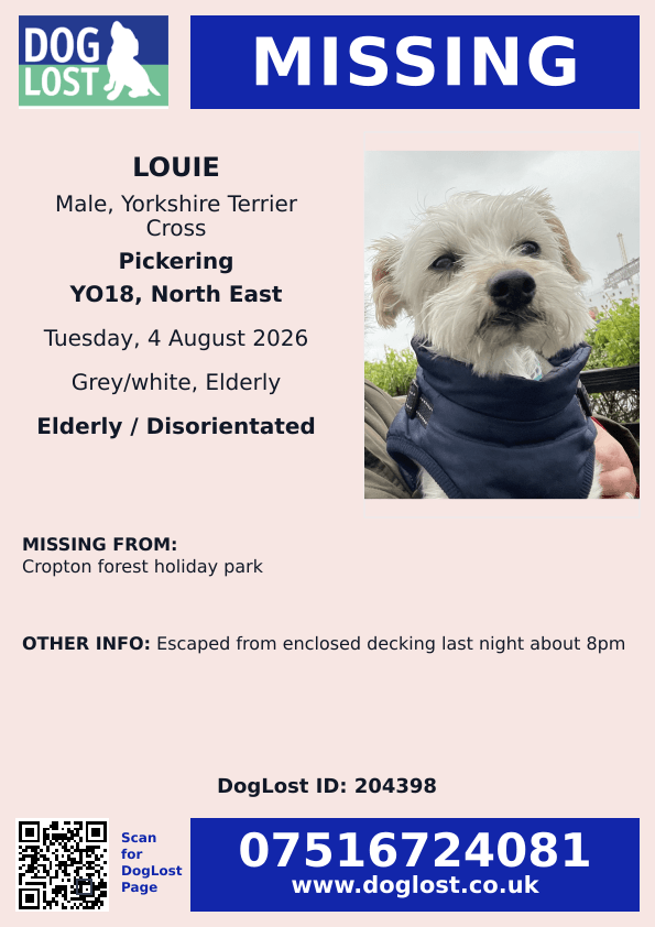 millypod1's tweet photo. 🆘4 AUG 2026 #Lost Louie #ScanMe
ELDERLY Yorkshire Terrier Cross Male
Cropton Forest Holiday Park #YO18
County #Pickering #NorthYorkshire
Escaped from enclosed decking last night about 8pm
https://t.co/4elKn3eK2X https://t.co/NiF1ELQg0Y