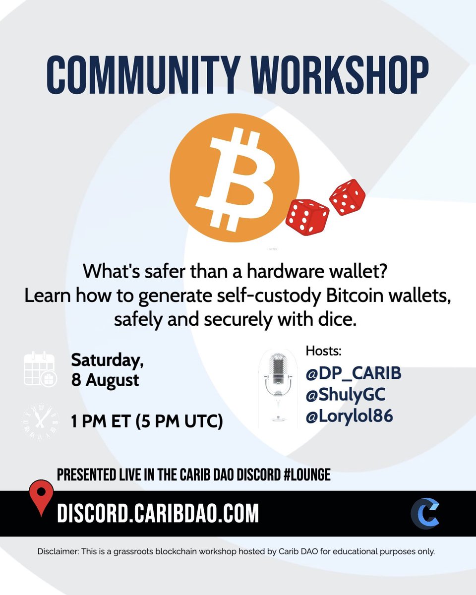 CaribDAO's tweet photo. 🎗️Community Workshop: Generating Bitcoin Wallets with Dice

Learn how to generate a self-custody Bitcoin wallet on your own for true self sovereignty!

🧧$50 $BTC members-only giveaway

Hosts: @dp_carib @ShulyGC @Lorylol86 

RSVP ⤵️ https://t.co/VK5v1fJwAn