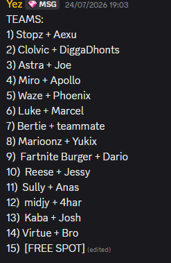 OnlyYezz's tweet photo. TOMORROW, THE YEZ DUO ENDGAME CUP IS FINALLY RESCHEDULED!
I WILL BE LIVE @ 5:45PM UK https://t.co/PO8cXIPLer , ALSO OTHER STREAMS WILL BE LIVE FOR THE TOURNAMENT.
TEAM LIST AND TOURNAMENT DETAILS BELOW⬇️⬇️ https://t.co/qqCNkn7kyF