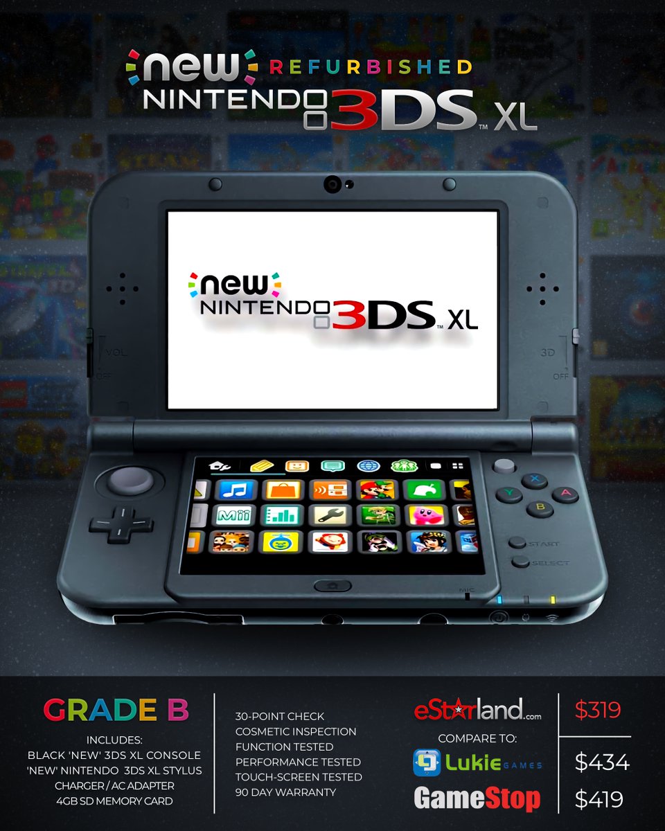 eStarland's tweet photo. Refurbished 'New' 3DS XLs are back in-stock! ✨ https://t.co/dkNXTydQd4