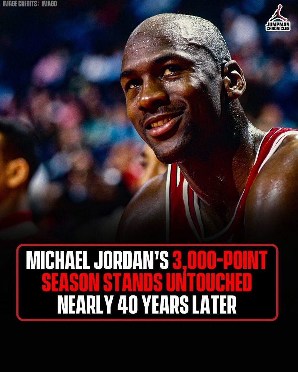 BBallGround's tweet photo. Back in 1987, Michael Jordan put together one of the most unbelievable regular season runs in NBA history. 

Dropping over 3,000 total points while averaging 37 PPG, 5 RPG, 4 APG, 3 SPG, and 1 BPG, he set a scoring benchmark that remains unbroken nearly four decades later.

Even modern scoring masterclasses like Kobe Bryant in 2006 (2,832) and James Harden in 2019 (2,818) couldn't reach that 3,000 regular season milestone. 

Today, breaking MJ’s record requires playing all 82 games at an absurd 37.2 PPG clip. Absolute dominance.