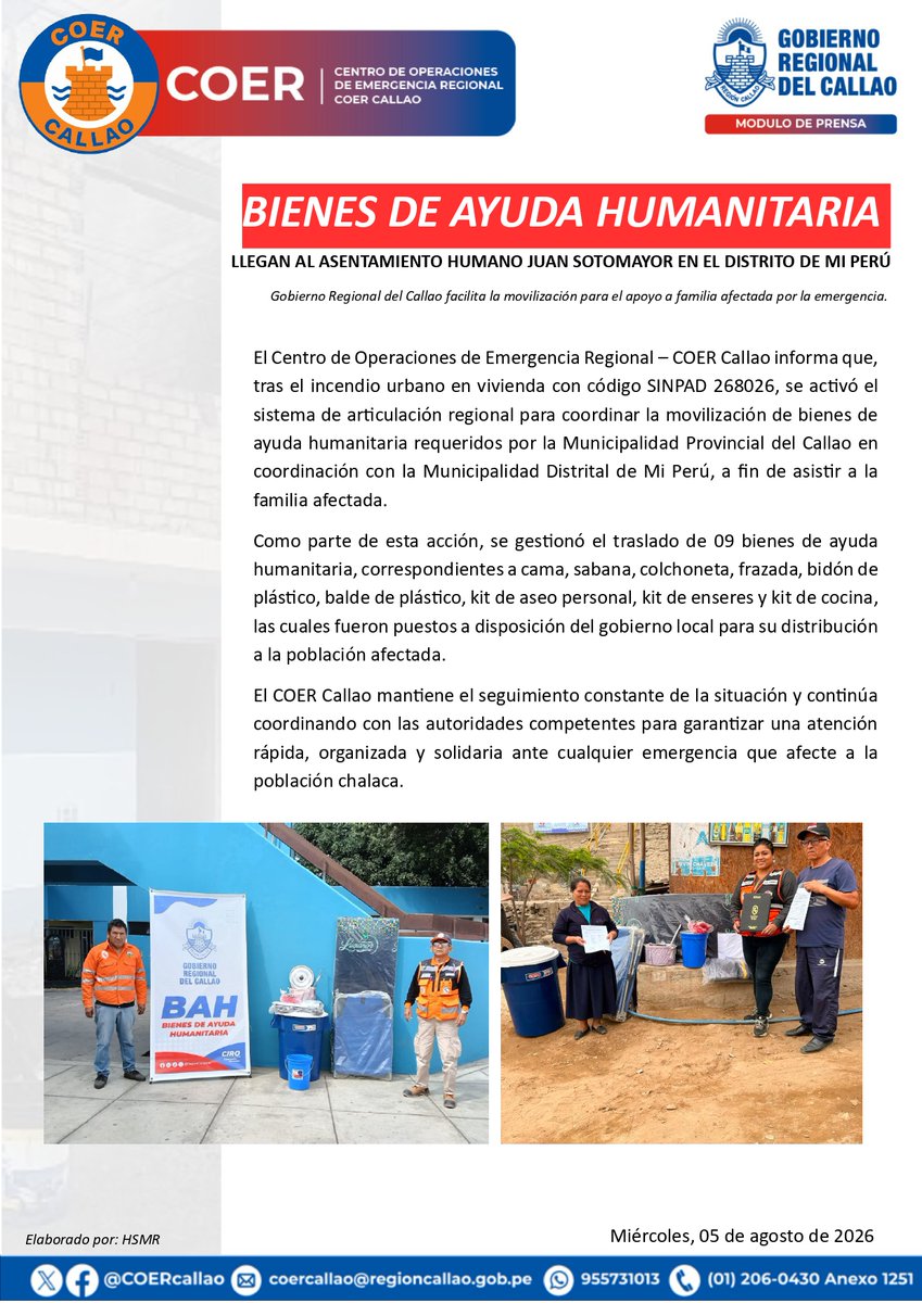 COERCallao's tweet photo. NOTA DE PRENSA N° 0058- 2026- BIENES DE AYUDA HUMANITARIA LLEGAN A FAMILIA AFECTADA EN MI PERÚ. #Callao #Bellavista #CarmenDelaLeguaReynoso #laPerla #LaPunta #MiPeru #Ventanilla #GobiernoRegionalDelCallao https://t.co/I2ZczDpmap
