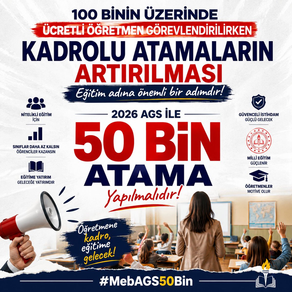 jjakeperaltha's tweet photo. 100 binin üzerinde ücretli öğretmen görevlendirilirken kadrolu atamaların artırılması eğitim adına önemli bir adımdır, 2026 AGS ile 50 bin atama yapılmalıdır.
#MebAGS50Bin https://t.co/OvJ4L2TfBC