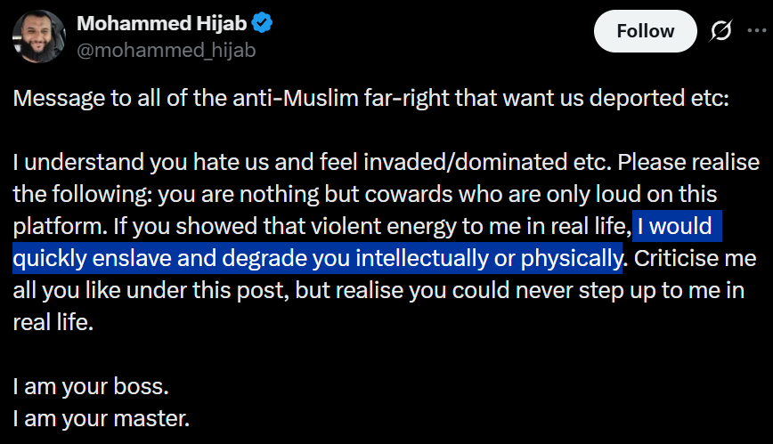 JoshFerme's tweet photo. Muslim man feels threatened, and the first thing he says is that he is going to enslave people. 

I am no expert, but I do not think that is going to win him any sympathy. https://t.co/qJeOkJWuEB