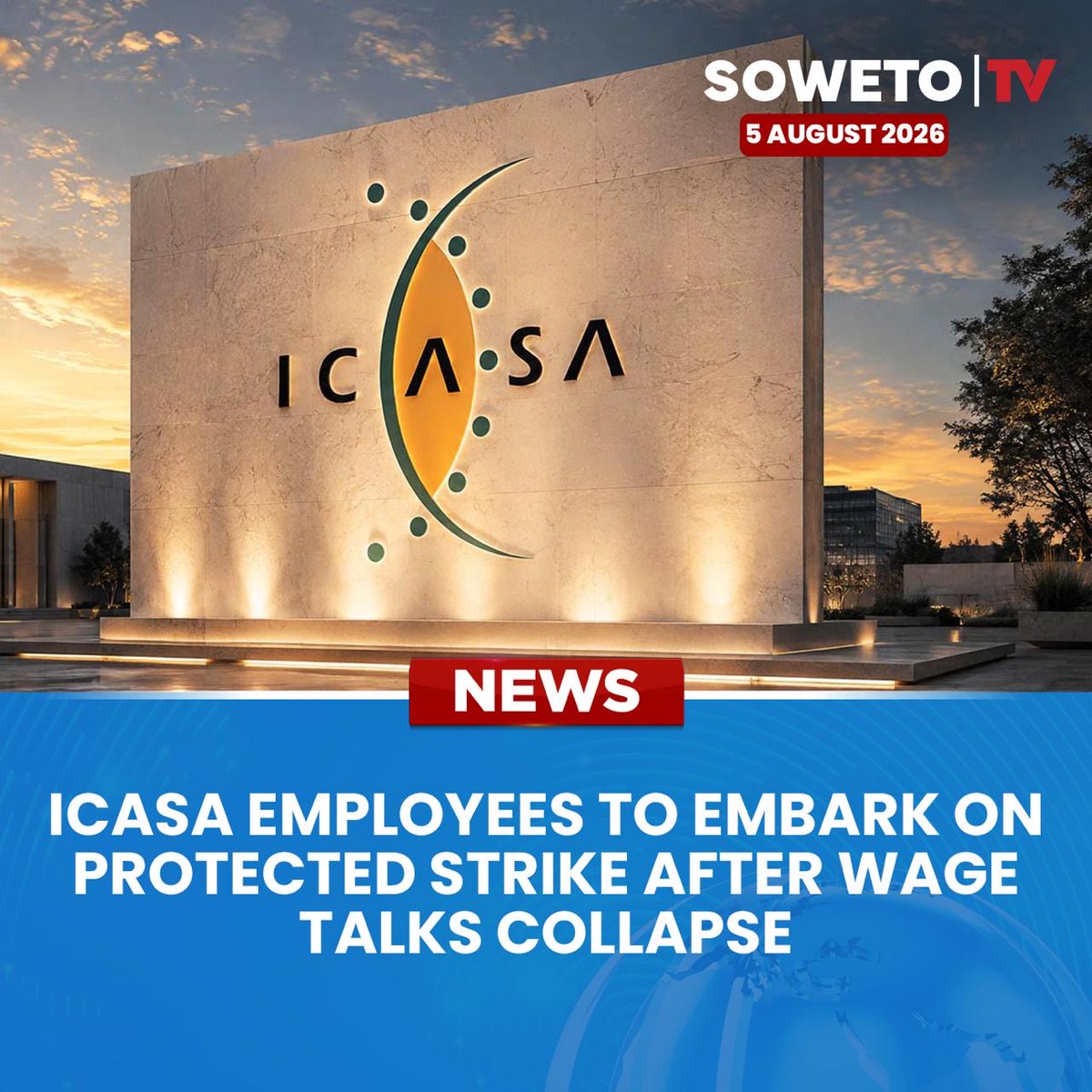 SowetoTVchannel's tweet photo. ICASA employees are set to embark on a protected strike after wage negotiations for the 2026/27 financial year collapsed.

Published: 05 August 2026

Image credits: TechCentral

#SowetoTVNews #ICASA #NEHAWU #Strike #LabourNews #WageTalks #Communications #SouthAfrica https://t.co/2nz7BFAc2r