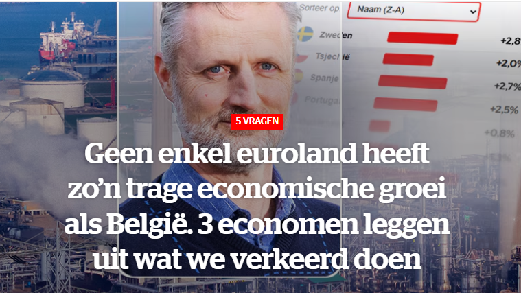 Mauritsvdr's tweet photo. Drie economen werd gevraagd waarom we in ons land een nulgroei kennen. Je hoort dan altijd dezelfde grote termen. 

"De productiviteit moet omhoog". "Er wordt te weinig geinvesteerd in groene energie" (as if). "Er wordt te veel bespaard op het onderwijs!" (elk jaar stijgen de onderwijs budgetten). 

Klinken goed in beleidsrapporten. Laten economen "slim" overkomen. Geen van de drie durft de overduidelijke reden aan te halen: onze overheid is absurd groot. Dat trekt geweldig veel welvaart weg uit de samenleving. 

In de vorm van belastingen op huidige activiteit uiteraard. Maar vooral: de dingen die niet zijn kunnen ontstaan. Omdat het gewoon onmogelijk is onder de huidige belastingen. Of omdat de overheid je voornaamste concurrent subsideert. En meestal beiden.

Bovendien maakt die overheid steevast meer slechte dan goede keuzes mee. Vooral de economische subsidies en het Diependaele-beleid is daar catastrofaal. Helaas gesteund door de VOKA's van deze wereld. Miljarden worden weggezogen uit de samenleving. Om dan enorm inefficïent uit te geven aan een beperkt aantal bedrijven. 

De Vlaamse subsidiepolitiek van de afgelopen jaar tien jaar zal ooit op dezelfde hoogte gezet worden als sommige communistische expertimenten. Andere insteek, zelfde economische gevolgen.
