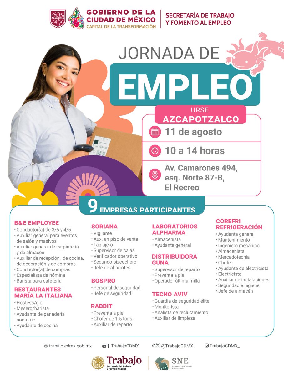 TrabajoCDMX's tweet photo. ¡Nuevas oportunidades laborales en CDMX!
Te invitamos a participar en la Jornada de Empleo en la Unidad Regional del Servicio de Empleo (URSE) en Azcapotzalco.

📍 Av. Camarones 494, esq. Norte 87-B, El Recreo
📆11 de agosto
🕙 10:00 a 14:00 horas
📝No olvides llevar solicitud de empleo elabrada o CV, identificación oficial y CURP.

✅Con la participación de 9 empresas con vacantes en seguridad, cocina, logística, administración y más.

 👉🏽¡Acércate y encuentra tu próxima oportunidad!

#CapitalDeLaTransformación
#UtopíaLaboral
@ClaraBrugadaM @Ines_GONI @GobCDMX