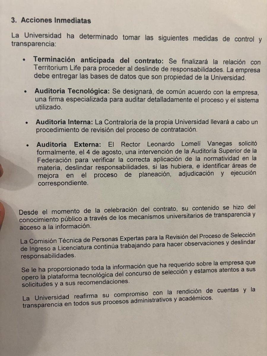 Arouet_V's tweet photo. 1. La @UNAM_MX  da por terminada la relación con Territorium Life para proceder al deslinde de responsabilidades. La empresa debe entregar la base de datos que es propiedad de la Universidad.

2. Una empresa designada de común acuerdo entre la UNAM y Territorium Life designarán una firma especializada para auditar detalladamente el proceso y el sistema utilizado para la elaboración del examen.

3. El de agosto, el rector Leonardo Lomelí solicitó formalmente la intervención de la Auditoria Superior de la Federación para verificar la correcta aplicación de la normatividad.

Creo que la Rectoría de la UNAM está dando pasos en la dirección correcta.
