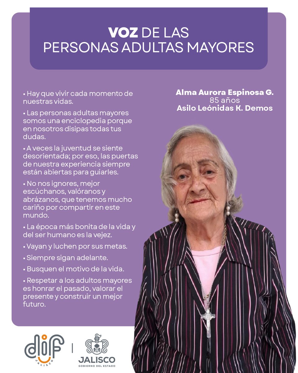DIFJalisco's tweet photo. 💜Las voces de las personas adultas mayores merecen ser escuchadas y valoradas✨

Alma Aurora Espinosa, residente del Asilo Leónidas K. Demos, nos anima con este mensaje "Vayan y luchen siempre por sus metas".👵🌼

#PersonasAdultasMayores #DIFContigo https://t.co/aCjbfxLTid