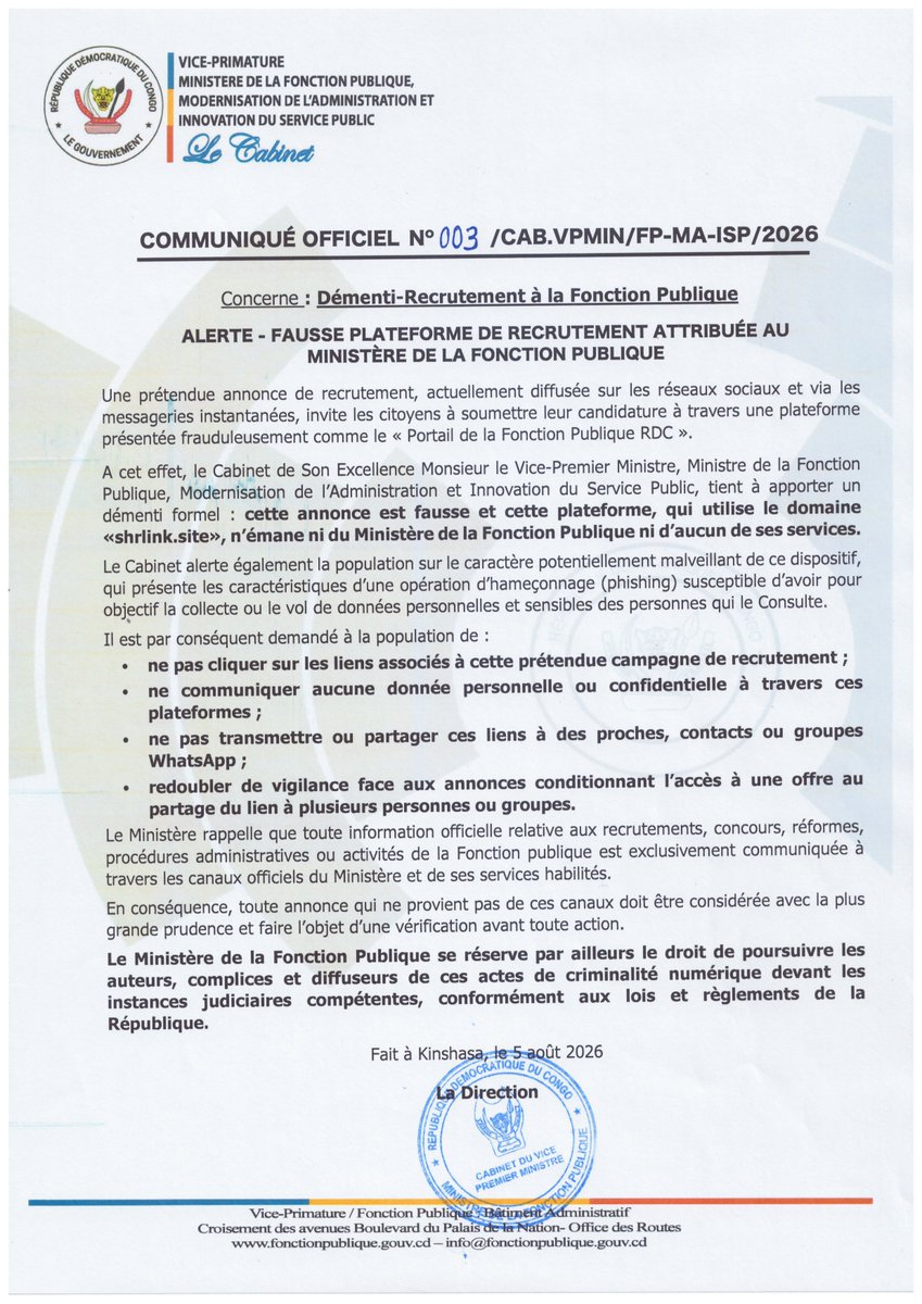 FPubliqueRDC's tweet photo. ⚠️ ALERTE | ATTENTION AUX FAUSSES INFORMATIONS
Une fausse plateforme de recrutement utilise abusivement le nom du Ministère de la Fonction Publique pour tromper les internautes.

Nous invitons la population à ne pas cliquer sur les liens associés, à ne communiquer aucune donnée personnelle et à consulter le communiqué officiel ci-dessous.

La vigilance de tous est essentielle pour lutter contre les tentatives de fraude et d’usurpation d’identité.

#FonctionPubliqueRDC #FakeNews #VigilanceNumérique